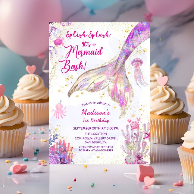 Guld Sjöjungfru Svan Rosa Lila  1:a födelsedag Par Inbjudningar (Gold Mermaid Tale pink purple 1st Birthday Girl Party Invitation)