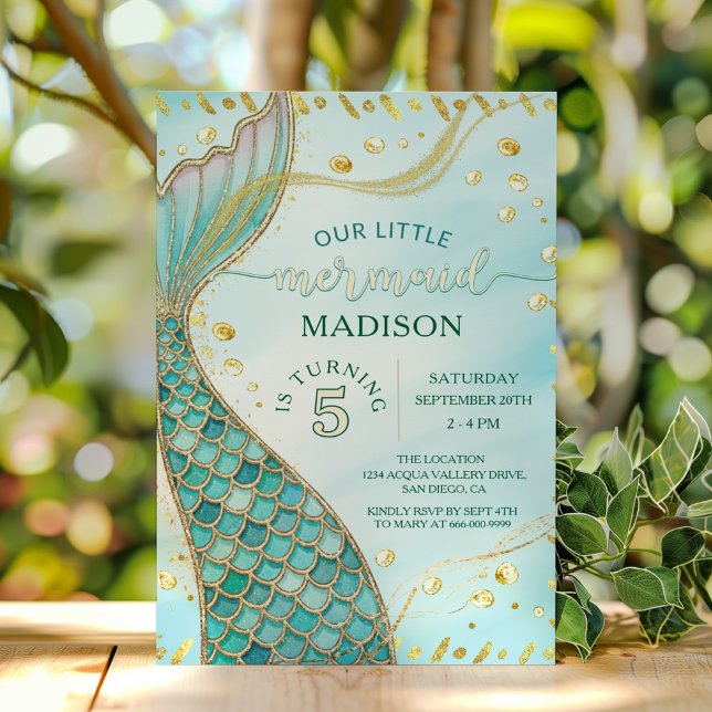 Guld Sjöjungfru under Sea Girl Födelsedagsfest Inbjudningar (Gold Mermaid Under the sea girl birthday party invitation)