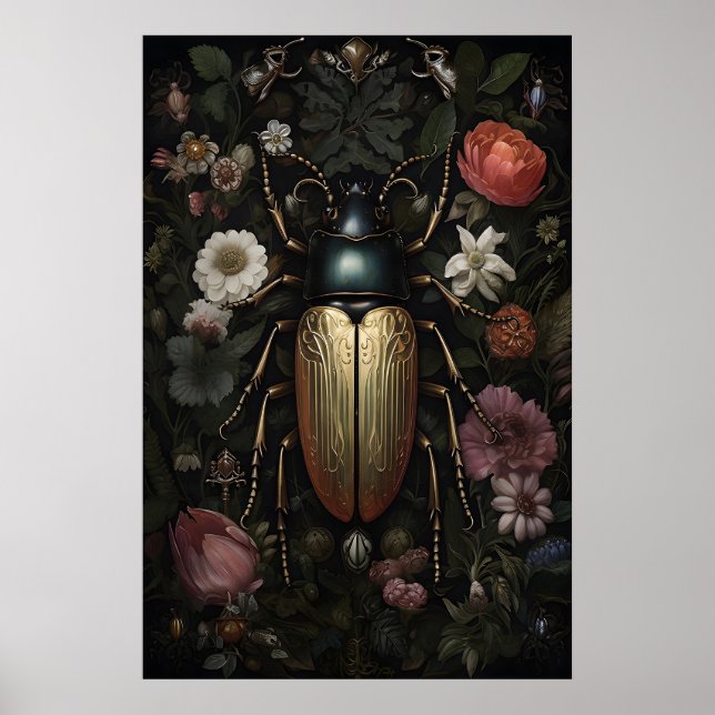 Guld skalbagge i mörk blomsterträdgård, melankolis poster (Framsidan)