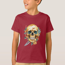 Guld skalle med knivar och blomma t shirt