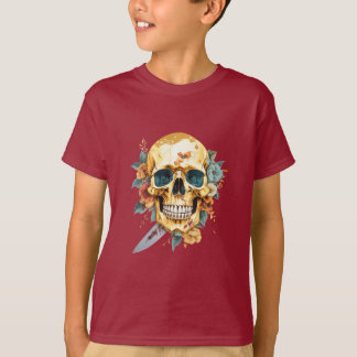 Guld skalle med knivar och blomma t shirt