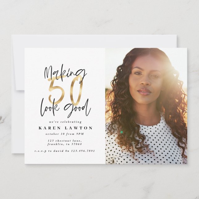 Guld skapar 50-brans fotofödelsedagsinbjudan (Framsida)