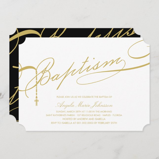 Guld-skript Baptism Rosary Kor Religiösa Inbjudningar (Fram/baksida)