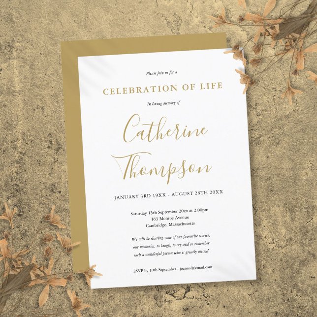 Guld skript Firande av Life-begravning Inbjudningar (Gold Script Celebration Of Life Funeral Invitation)