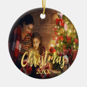 Guld-skript för julfamiljfoto julgransprydnad keramik