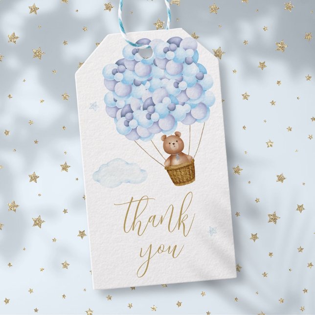 Guld-skript för nalle Blue Balloons Tack Presentetikett (Teddy Bear Blue Balloons Gold Script Thank You Gift Tags)
