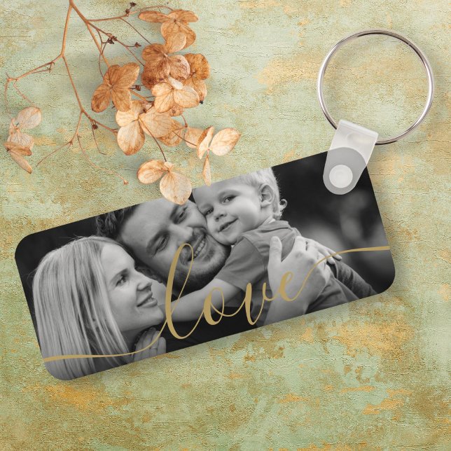 Guld-skript för svart och vitt foto-Elegant, Kärle Nyckelring (Black and White Photo Elegant Gold Script Love Keychain)