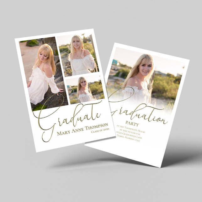 Guld Skript Fotokollektion Examenfest Klassisk Inbjudningar (Gold script graduation photo collage with customizable senior portraits.)