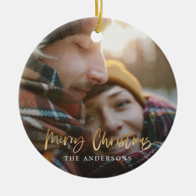 Guld-skript god jul-röd tartan-foto julgransprydnad keramik (Framsidan)