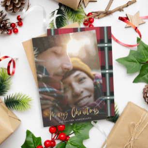 Guld-skript god jul-röd tartan-foto julkort