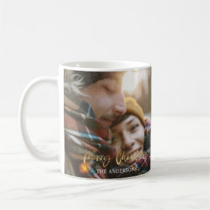 Guld-skript god jul-röd tartan-foto kaffemugg