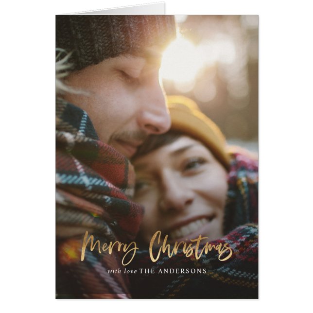 Guld-skript god jul röd tartan fotohelgad hälsningskort (Framsidan)