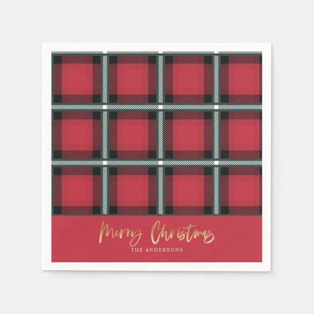 Guld skript god jul röd tartan pappersservett (Framsidan)