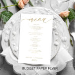 Guld-skriptmeny för budgetromantisk elegant bröllo flygblad<br><div class="desc">Enkel textmall för guld-kalligrafi av vita trendig anpassningsbar billigt BUDGET bröllop-meny papper flygare. LÄS DETTA INNAN DU KÖPER! Det här är ett budgetprogram för billigt som är tryckt på en PAPPER FLYER (reklamtyp av papper). NOTERAR att bakgrunden och skriptet färg kan redigeras. Du kan ändra mallen när du har valt...</div>