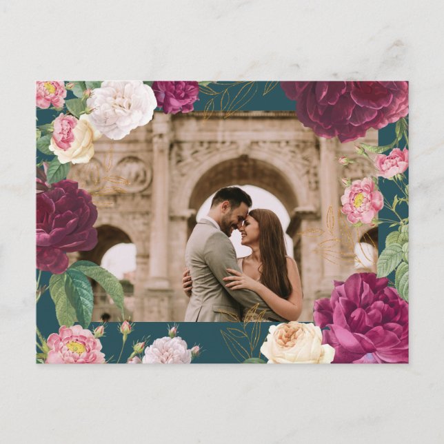 Guld & Smaragdgrön Blommig Bröllopsfest Meddelande Vykort (Framsida)