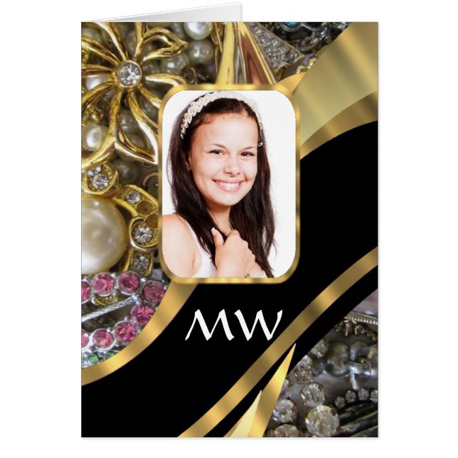 Guld smyckesfotobakgrund hälsningskort (Framsidan)