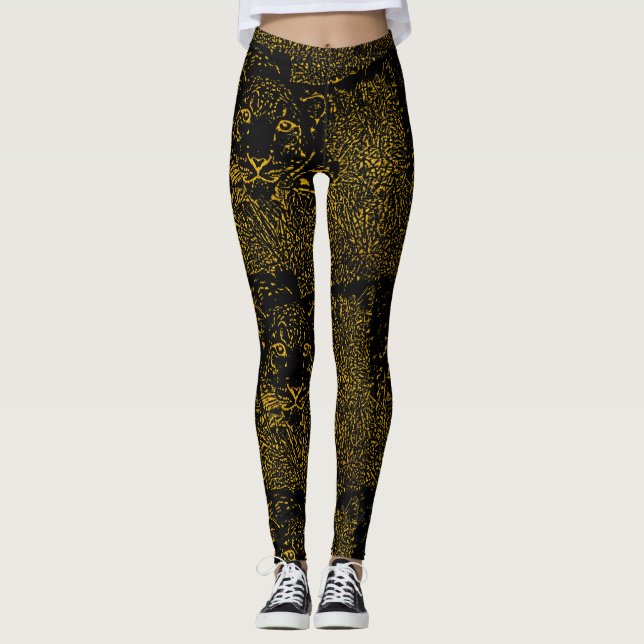Guld Snö Leopard på svarta baljväxter Leggings (Framsida)