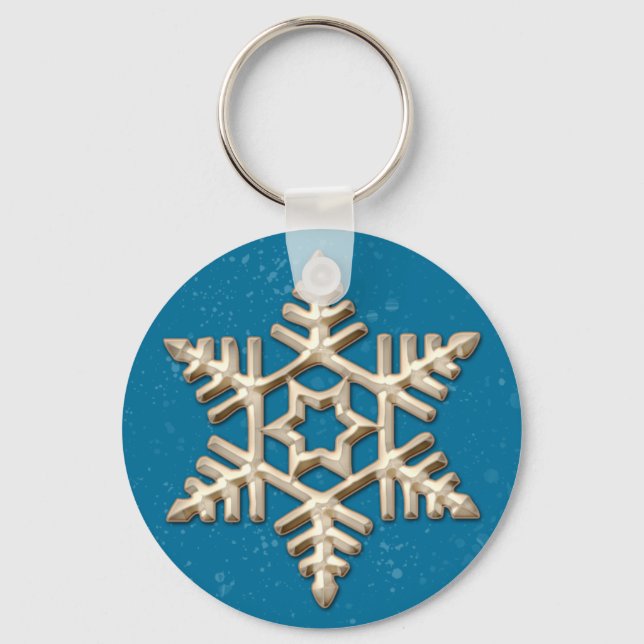 Guld Snöflake på Blue Helgdag Keychain Nyckelring (Framsida)