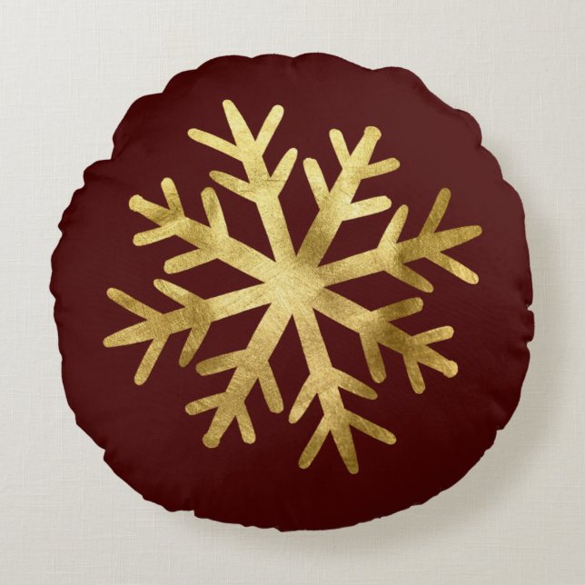 Guld Snöflinga Jul Rund Kudde (Framsidan)