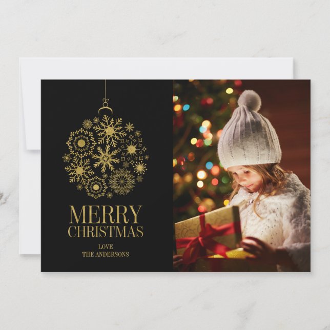 Guld snöflinga ornament jul fotokort julkort (Framsida)