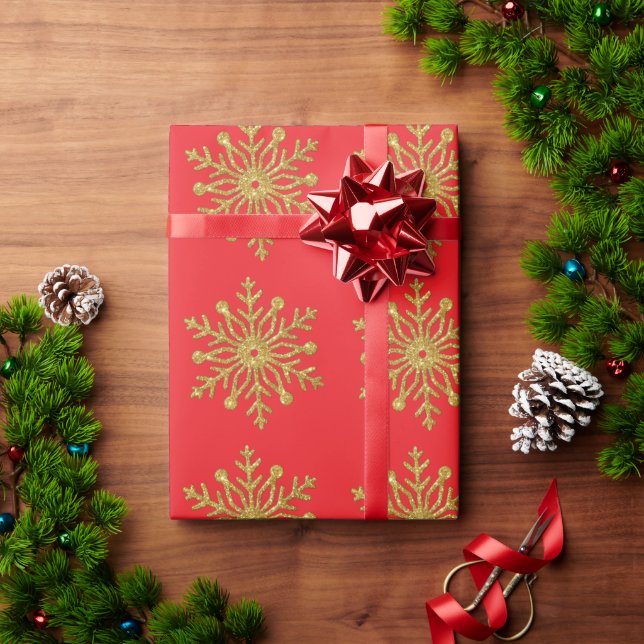 Guld Snöflinga Röd Inpackningspapper Presentpapper (Julgåva)