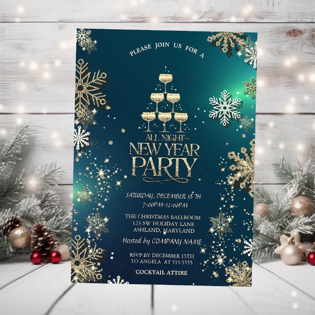 Guld Snöflingor, Champagne Glass Company Party Inbjudningar (Skapare uppladdad)