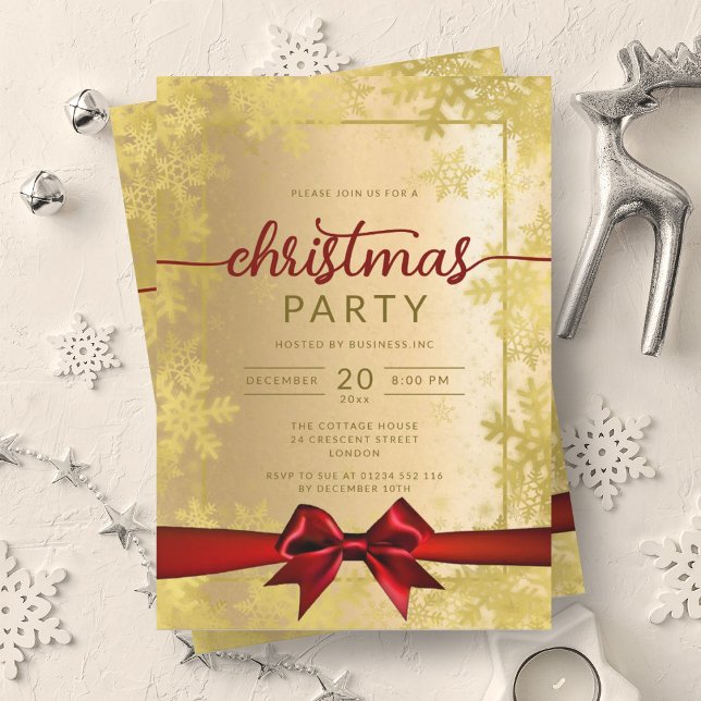 Guld Snöflingor Company jul Red Ribbon Inbjudningar (Gold Snowflakes Company Christmas Red Ribbon Invitation)