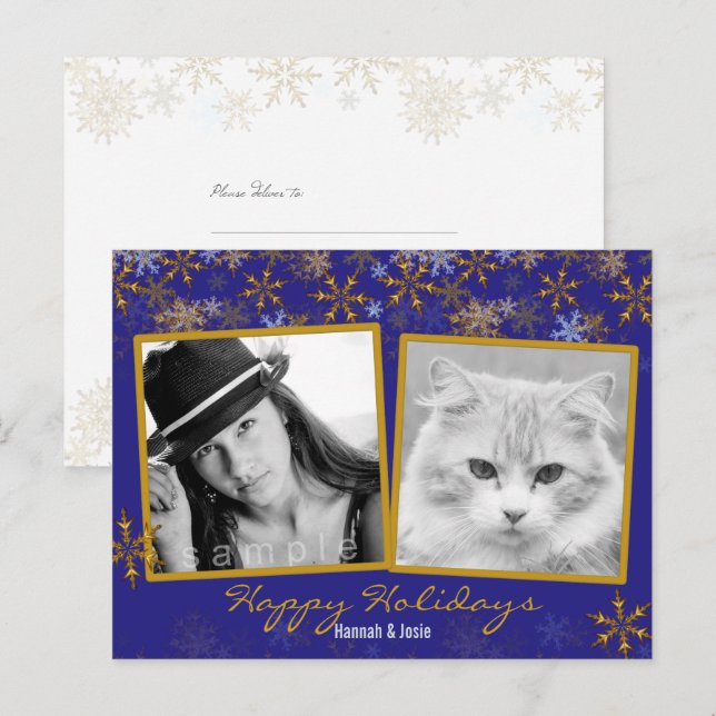 Guld Snöflingor Dubbla Fotojulkort Helg Vykort (Fram/baksida)