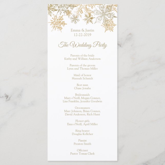 Guld Snöflingor Elegant Vinterjulkort Program (Framsida)