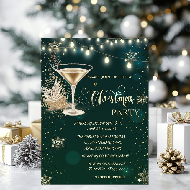 Guld Snöflingor,Glas,Ljus Grönt jul Inbjudningar (Skapare uppladdad)