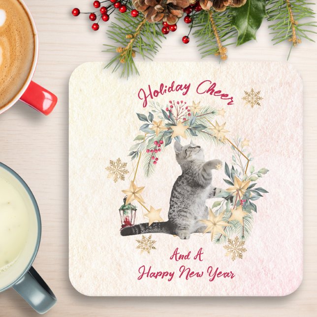 Guld Snöflingor Greenery Cute Funny Cat jul Underlägg Papper Kvadrat (Skapare uppladdad)