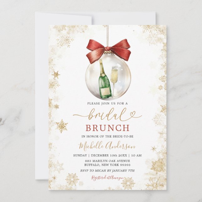 Guld Snöflingor Jul Bauble Bröllopsbrunch Inbjudningar (Framsida)