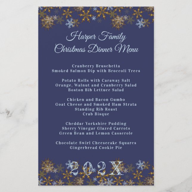 Guld Snöflingor Jul Middag Meny Mall (Framsida)