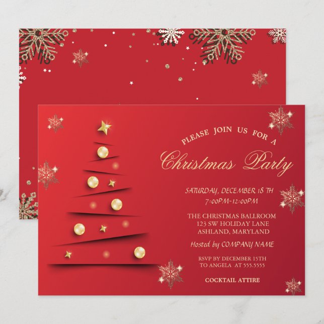 Guld Snöflingor,Julgran Bollar Company Inbjudningar (Fram/baksida)