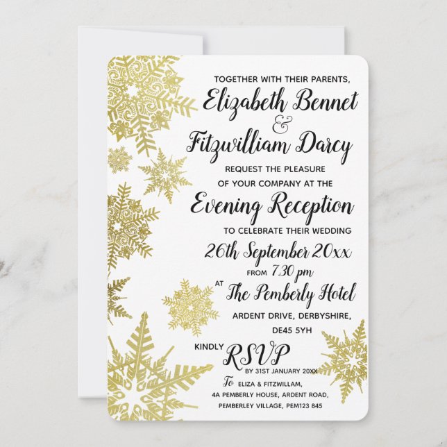 Guld Snöflingor Kväll Invitation Inbjudningar (Baksida)