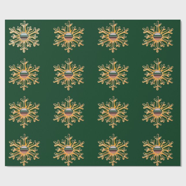 Guld Snöflingor om Grönt Wrapping Papper Presentpapper (Platt)