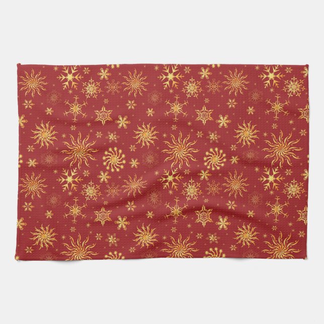 Guld Snöflingor om Mörk Röd jul Kökshandduk (Horisontell)