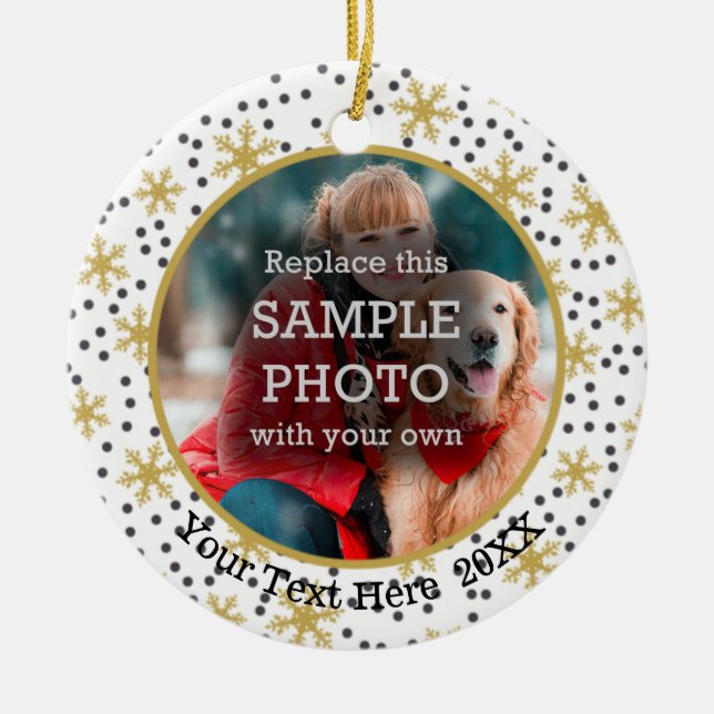 Guld Snöflingor, två foto, två sidor Julgransprydnad Keramik (Framsidan)