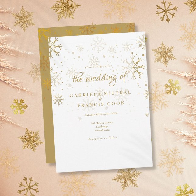 Guld Snöflingor Vinter Bröllopsinbjudan Inbjudningar (Gold Snowflakes Winter Wedding Invitation)