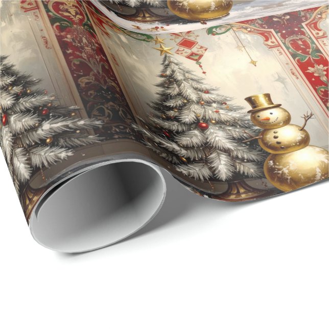 Guld Snömannen Julgran Högtid Presentpapper (Rullad Hörn)