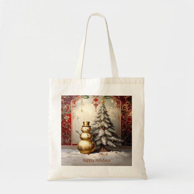 Guld Snömannen Julgran Holiday Tote Väska (Framsidan)