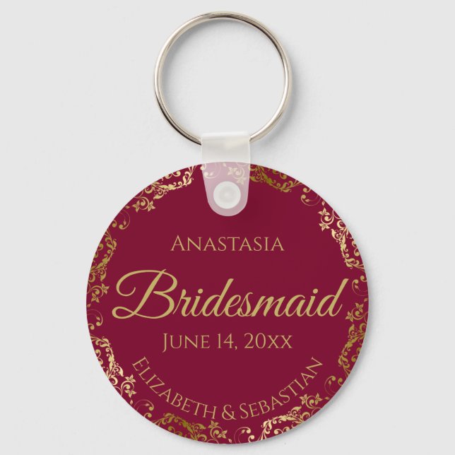 Guld Snöre Bridesmaid Bröllop Gift Burgundy Maroon Nyckelring (Framsida)