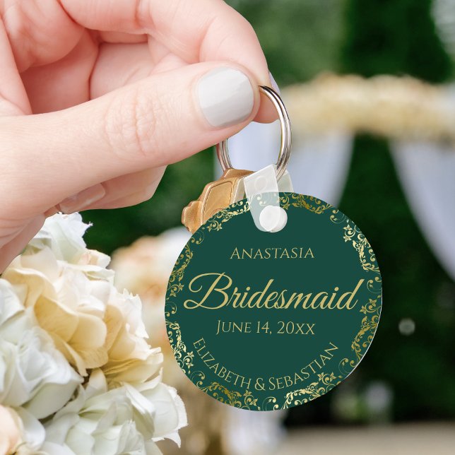 Guld Snöre Bridesmaid Bröllop Gift Emerald Grönt Nyckelring (Skapare uppladdad)