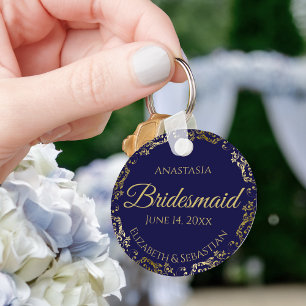 Guld Snöre Bridesmaid Bröllop Gift Navy Blue Nyckelring
