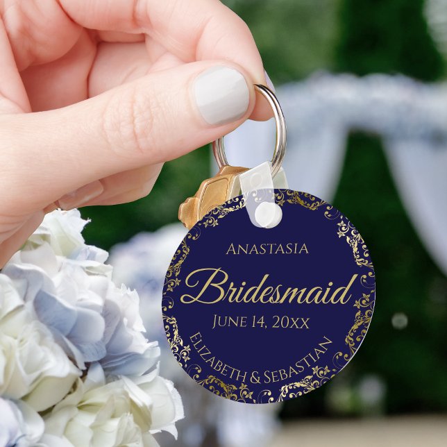 Guld Snöre Bridesmaid Bröllop Gift Navy Blue Nyckelring (Skapare uppladdad)