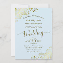Guld Snöre Elegant Calligraphy Powder Blue Bröllop Inbjudningar