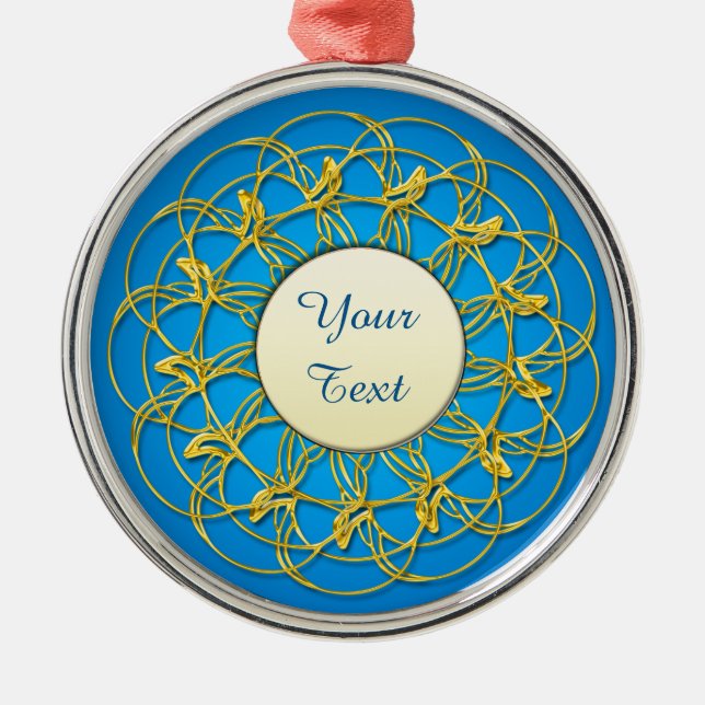 Guld Snöre med vit cirkel med text Julgransprydnad Metall (Framsidan)