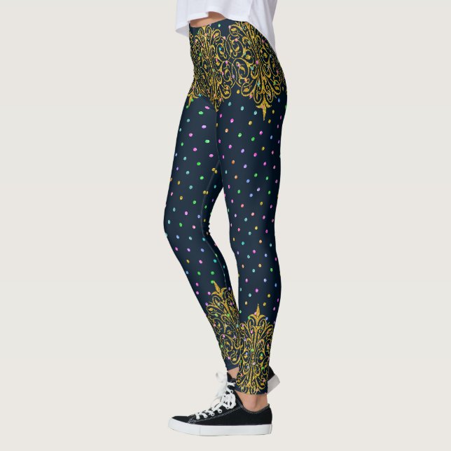 Guld Snöre och färgstarka polkadoter Mönster Leggings (Vänster)