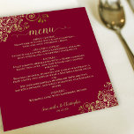Guld Snöre om Burgundy Maron Budget Bröllop Menu<br><div class="desc">Dessa vackra bröllop-menyer är enkla,  eleganter och snyggtar,  samtidigt som de fortfarande är budgetvänliga och prisvärda. De har en klassig och glamorös design med guldfaux foil snöre och manusgrafi på en maron eller burgundröd bakgrund. Baksidan är en vacker marmorerad guld färg.</div>