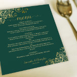 Guld Snöre om Emerald Grönt Budget Bröllop Menu<br><div class="desc">Dessa vackra bröllop-menyer är enkla,  eleganter och snyggtar,  samtidigt som de fortfarande är budgetvänliga och prisvärda. De har en klassmässig och glamorös design med guldfaux foil snöre och manusgrafi på en grönt som går ut på frammarsch. Baksidan är en vacker marmorerad guld färg.</div>